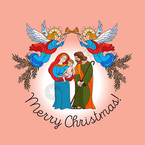 诞快乐矢量贺卡母玛利亚,婴儿耶稣约瑟夫订婚带着号角的天宣布弥赛亚的诞生图片