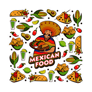 墨西哥食物流行的墨西哥食品,快餐穿着斗篷睡衣的趣的墨西哥人矢量插图图片
