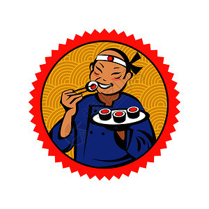 日本人穿着服吃寿司卷日本餐厅的矢量标志寿司店新鲜海鲜图片