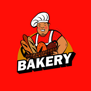 个可爱的微笑包师着篮子新烤包包店标志的矢量插图图片