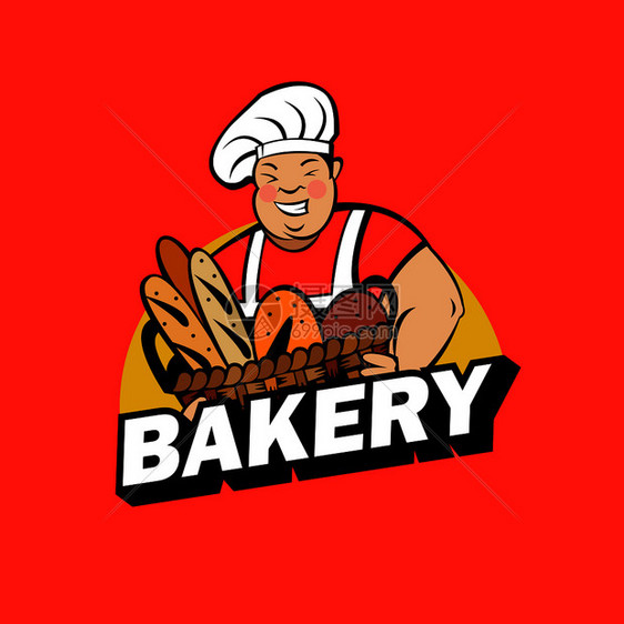 个可爱的微笑包师着篮子新烤包包店标志的矢量插图图片