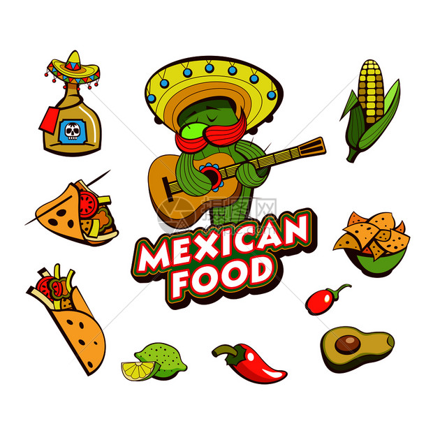 套流行的墨西哥快餐菜肴趣的仙人掌桑布列罗弹吉他卡通风格的矢量插图