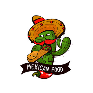 套流行的墨西哥快餐菜肴趣的仙人掌桑普雷罗吃玉米煎饼卡通风格的矢量插图图片