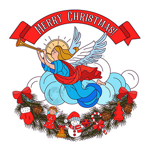耶稣圣诞诞快乐矢量明信片,插图天角用诞装饰品装饰的冷杉树枝花环白色背景上隔离插画