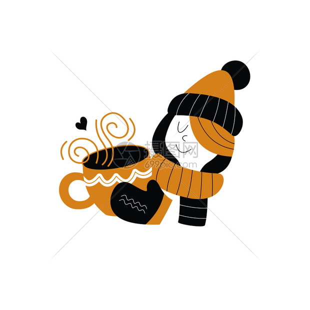 可爱的女孩戴着冬帽围巾,戴着大杯热饮寒冷的冬天喝热茶矢量插图个戴着冬帽围巾的女孩着大杯热茶寒冷的冬天图片