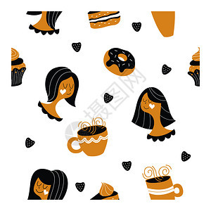 白色背景上的无缝图案可爱的手绘女孩糖果,蛋糕,蛋糕甜甜圈还带热茶咖啡的杯子完美的印刷包装纸包装蛋糕糕点店图片
