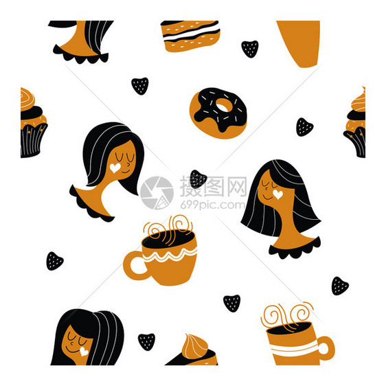 白色背景上的无缝图案可爱的手绘女孩糖果,蛋糕,蛋糕甜甜圈还带热茶咖啡的杯子完美的印刷包装纸包装蛋糕糕点店图片