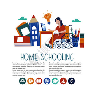 家庭教育女孩个残疾人,坐轮椅上,家接受教育线学矢量插图家庭教育的家庭教育矢量插图图片