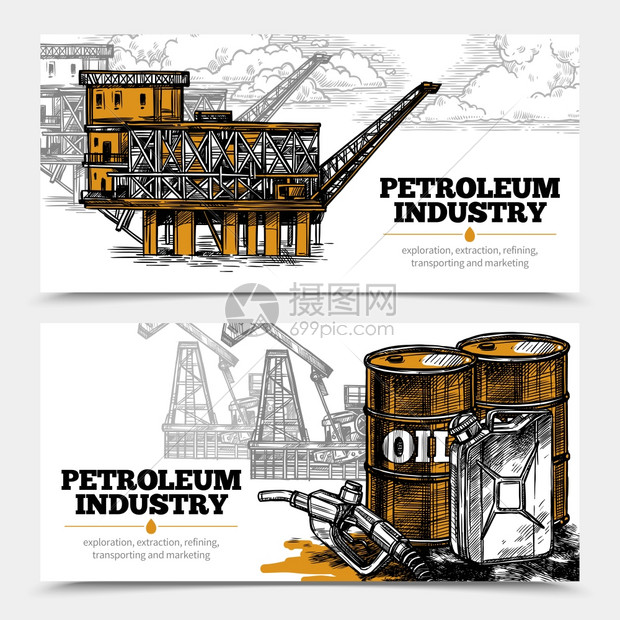 石油工业横向横幅石油工业手绘水平横幅与填充图标石油井架北极石油平台矢量插图图片