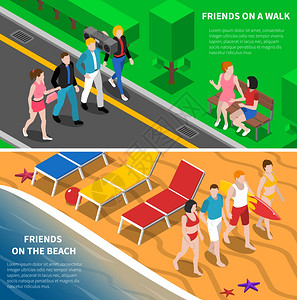 朋友户外2等距横幅成朋友们公园海滩上散步,2个等距横幅抽象矢量插图图片