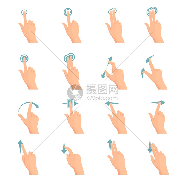 触摸手势平图标触摸屏手势平彩色图标系列与箭头方向的手指孤立矢量插图图片