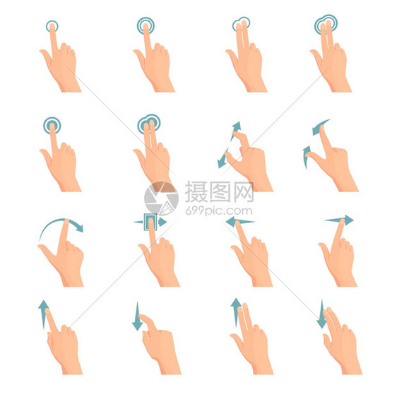 触摸手势平图标触摸屏手势平彩色图标系列与箭头方向的手指孤立矢量插图图片