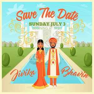 印安人婚礼海报印度人婚礼夫妇邀请海报背景与泰姬陵平矢量插图背景图片