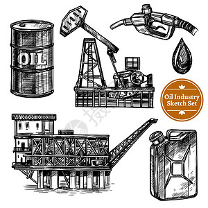 手绘素描石油工业套手绘草图石油工业集油海平台形象加油站要素孤立矢量插图图片