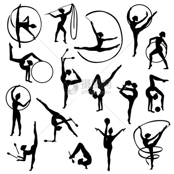 黑色体操女剪影黑色轮廓的体操女人物与球磁带白色背景矢量插图图片