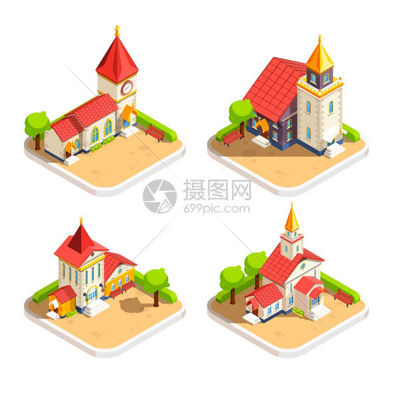 教堂4等距图标教堂历史宗教建筑与尖塔墓地4等距图标抽象孤立矢量插图图片