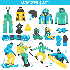 滑雪板设备彩色套装收集彩色装饰图标与运动服装配件设备滑雪板孤立矢量插图图片