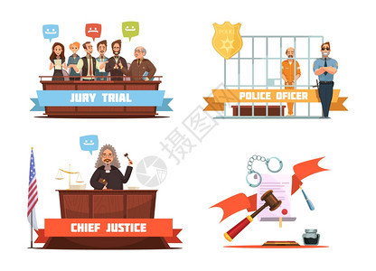 法律正义4复古卡通图标刑事审判陪审判决警官与嫌疑人4复古卡通图标成矢量插图图片
