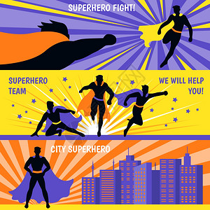 超级英雄水平横幅超级英雄队水平横幅卡通人物飞行,以帮助平矢量插图图片