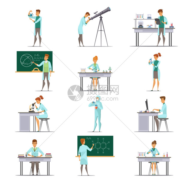 科研复古卡通图标收藏科学实验室研究人员与天文学家生物学家核物理学家分离矢量插图复古卡通图标收集图片