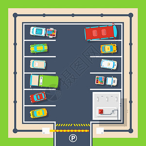 停车顶部视图海报封闭停车区海报与屏障管理大楼同车辆顶视图平矢量插图图片