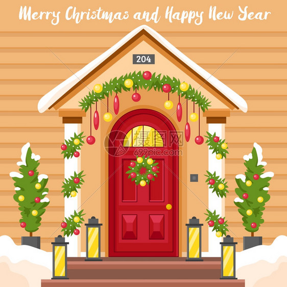 新卡片,为诞节装饰房子新卡片与前门装饰灯笼冬青花环诞树平矢量插图图片