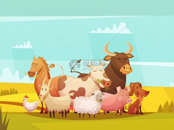 农村卡通海报中的农场动物农场动物阳光明媚的日子农村趣的卡通海报与牛猪山羊绵羊矢量插图图片