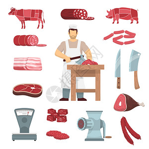 肉屠夫套扁平彩色图标集肉制品屠夫指导图像,老式磨床鳞片隔离矢量插图图片
