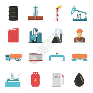 石油工业图标集石油天然气工业图标与发电厂,容器,罐子,抽油机车辆矢量插图图片