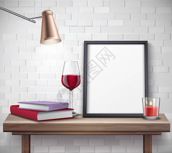 现实的框架模板现实框架模板桌子上用杯酒烛灯书籍矢量插图图片