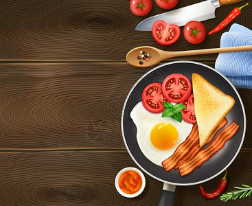 早餐煎锅顶部查看早餐煎锅开胃现实的顶部视图图像鸡蛋培根西红柿深色木材背景矢量插图图片