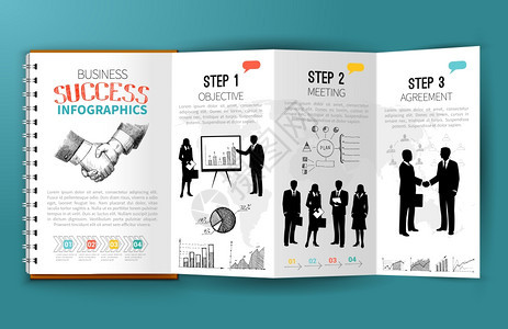 商业信息图表小册子商业信息纸质小册子模板与行政员工剪影草图图表矢量插图图片