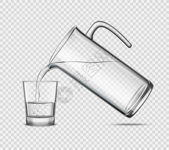 透明背景上用璃倒水透明背景灰色写实矢量插图上,水壶向璃中倒水图片