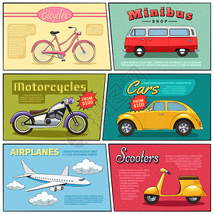 漫画运输迷你海报套迷你海报集自行车小客车,摩托车,飞机滑板车绘图平漫画风格矢量插图图片