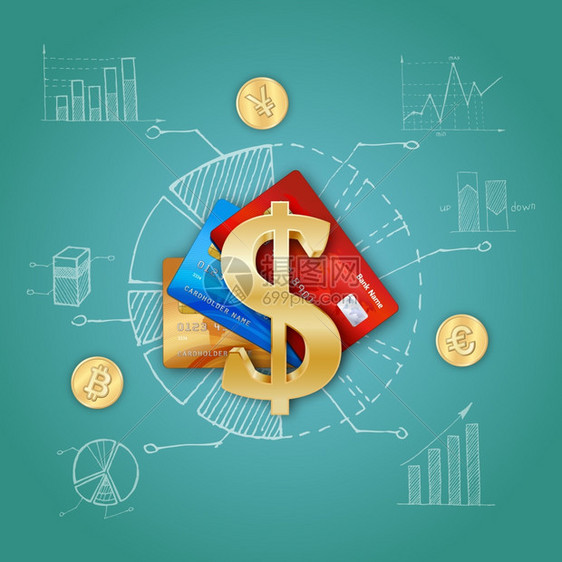 现实的财务模板现实的金融模板与信用卡美元符号比特币欧元硬币素描元素矢量插图图片