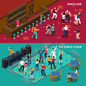 酒吧舞池2等距横幅DJ吧台酒吧咖啡馆舞池2水平等距横幅与酒保隔离矢量插图图片
