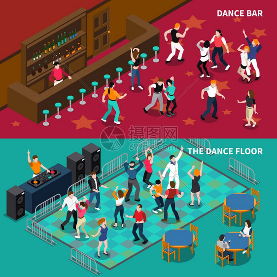 酒吧舞池2等距横幅DJ吧台酒吧咖啡馆舞池2水平等距横幅与酒保隔离矢量插图图片