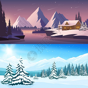 冬季景观水平横幅冬季景观水平横幅与房屋河山树木白天夜间矢量插图图片