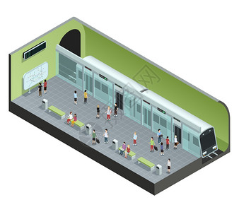 地铁站等距插图彩色等距描绘地铁站与火车人的矢量插图图片