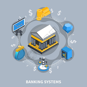 银行系统等距圆形成银行系统金融等距图标圆形合与钱包硬币保险箱银行计算机天平平矢量插图图片