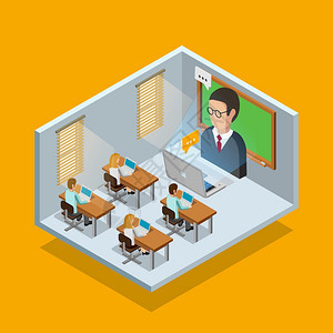 线学室的线学室的与学生笔记本电脑橙色背景等距矢量插图图片