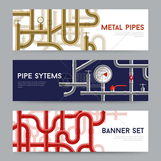 管道系统横幅管道系统水平真实横幅孤立矢量插图图片