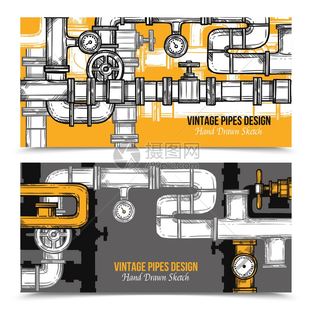 素描管道系统横幅两个水平老式管道系统横幅隔离白色背景手绘矢量插图图片