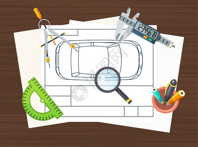 生产线元素海报汽车生产线元素顶部视图海报与绘图方案,特殊工具文具平矢量插图图片