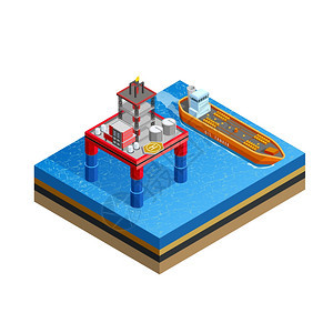 石油工业海上平台等距图像海上生产平台钻机,用于海底钻井油轮运输等距图标白色背景矢量插图图片