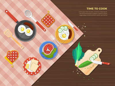 时候海报了时候同的食物成分准备过程矢量插图中制作菜肴的顶部视图海报了图片