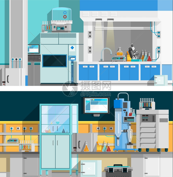 两个科学实验室水平横幅两个科学实验室水平横幅与成的工作化学实验现代室内平矢量插图图片