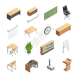 教室内部元素图标等距图标集同的教室内部元素,如家具设备其他矢量插图图片