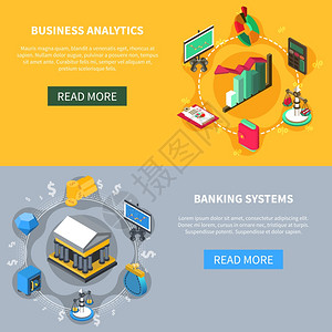 财务等距图标横幅商业分析银行系统金融等距图标横幅图表,货币尺度符号矢量插图图片