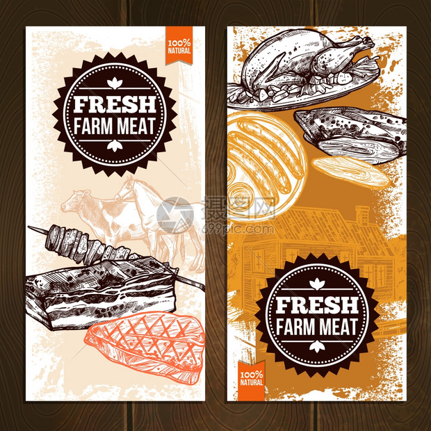 手绘肉类食品垂直横幅手绘肉类食品垂直横幅与同的烤菜烤菜矢量插图图片